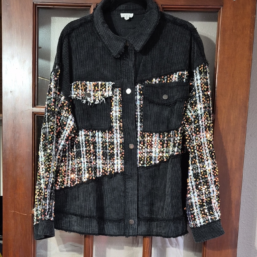 POL Black Corduroy Shacket with Multicolor Sequin Panels
